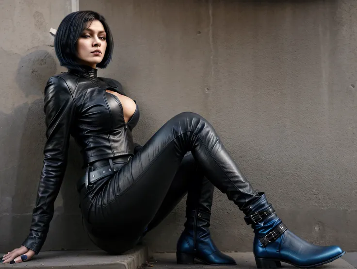 Tall 1.80cm with, black bob hair, blue leather pants and, black leather boots pushing down her boots to the ground, holding a cigarette in hand, wearing a black leather top