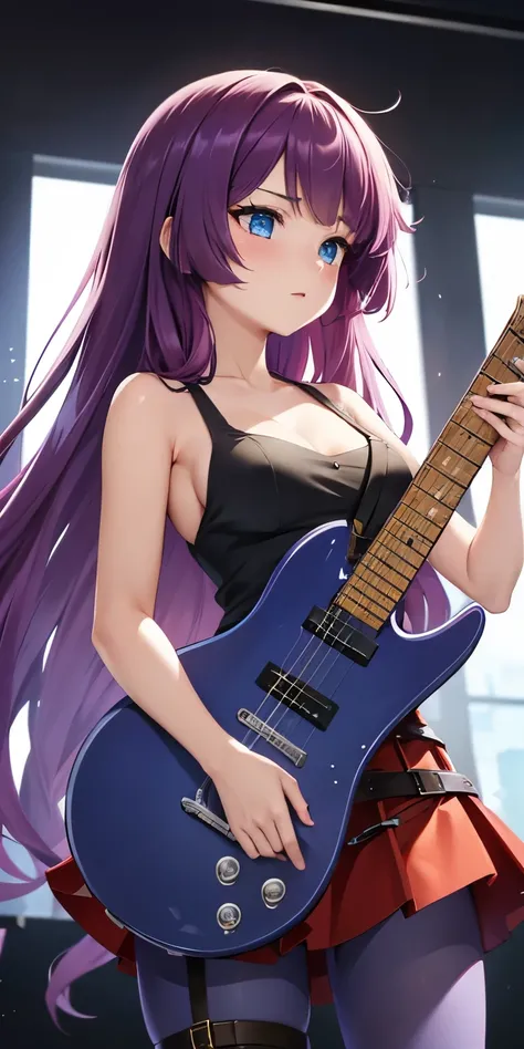 1 Female,High definition,high resolution,Ultra-realistic,8K, 1girl, flat chest, kirishima_romin, long hair, blue eyes, skirt, shirt, very long hair, purple hair, belt, black shirt, red skirt,(blue pantyhose),guitar, holding instrument, electric guitar,larg...