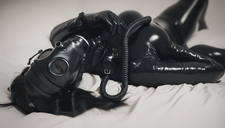 8k. Servant latex girl in gasmask with black lenses. He is lying in a sexy position.