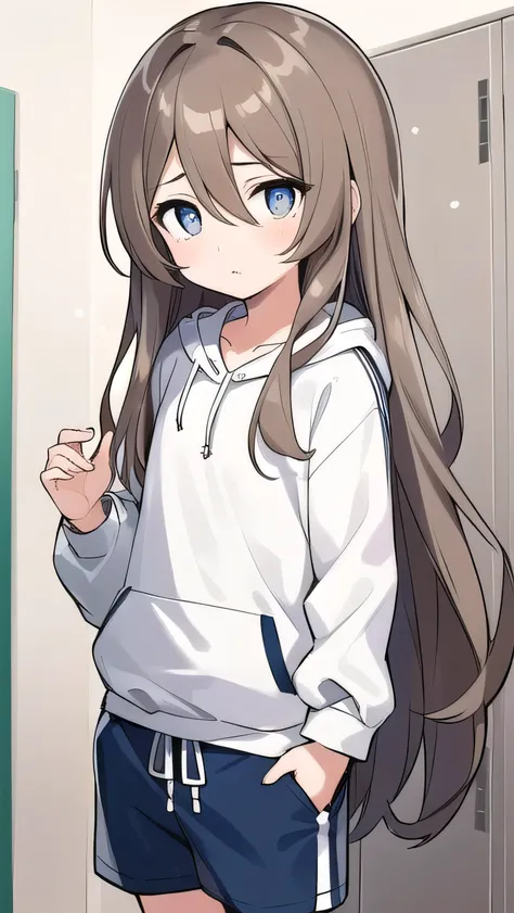 Girl, ( light brown hair :1.5), (gray eyes:1.2), (big eyes: 1.1), (sagging eyes: 1.5), (very long hair:1.1), hair between eyes, cyan long-sleeved hoodie, white T-shirt, dark blue shorts, white sneakers, (flat chest), (straight hair), very short, only , dro...