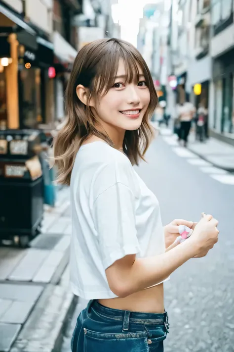 (cinematic aesthetics :1.4)  a blurred urban noon image of a beautiful japanese fashion model, color t-shirts,  smile