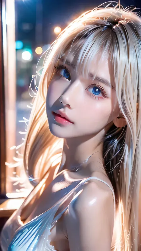 platinum blonde fine hair 、super long beautiful straight hair、 face and eye bangs 、 VERY BEAUTIFUL VERY BRIGHT MINT LIGHT GREEN BIG EYES、 TRANSPARENT WHITE AND WET NIGHTGOWN 、Nordic youth、 perfect body、white muscles 、 Shiny Skin 、Young and beautiful skin、...
