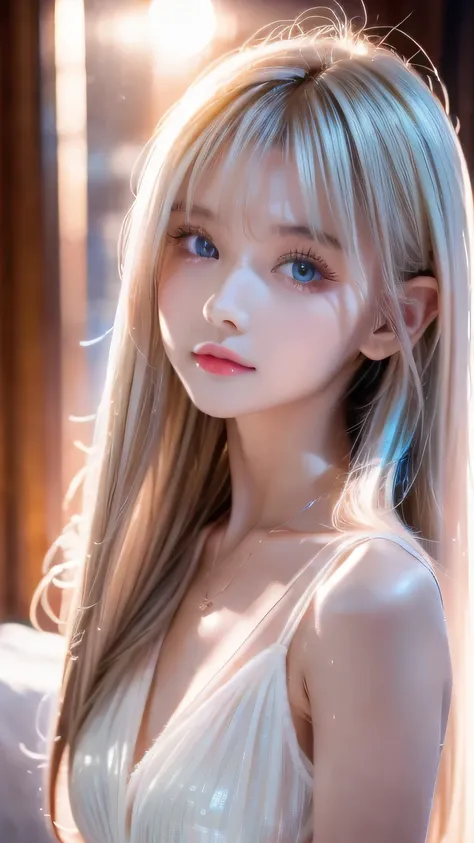 platinum blonde fine hair 、super long beautiful straight hair、 face and eye bangs 、 VERY BEAUTIFUL VERY BRIGHT MINT LIGHT GREEN BIG EYES、 TRANSPARENT WHITE AND WET NIGHTGOWN 、Nordic youth、 perfect body、white muscles 、 Shiny Skin 、Young and beautiful skin、...