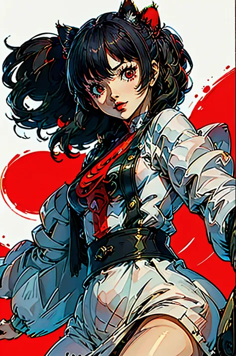 red_negro_white,( masterpiece , of the highest quality :1.3), 1 woman junkotvv, cat ears, cel shading, bold outline, flat color, Sharp shadow, Graphic style, (manga influence), beautiful lines drawing , (striking images),