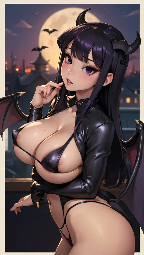 Komi Shouko、 table top to cover upper arms、 upper body、(8k, RAW Photos, Best Quality, masterpiece: 1.2)、 very detailed 、 super resolution、Blunt bangs、 naturally colored lips、Heavy Eye Makeup、 Exposing Clothes 、Super sexy、Black Thong, black bikini, garter b...