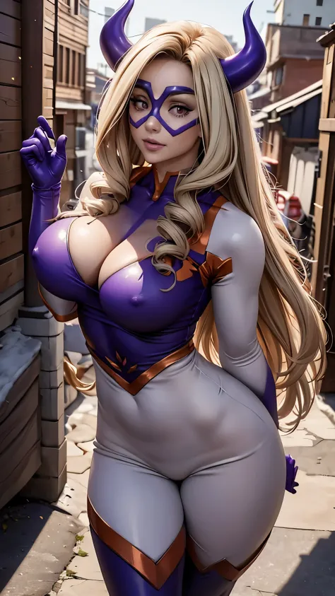 Heroic Pose, Real 1.2,  My Hero Academia, Mount Lady, (( cowboy shot of a man)), athletic body, Beautiful Face, perfection,  white skin, Body bigger than a building ,  building standing on street , modeling,  staring at viewers ,  purple eyes, Big Breasts,...