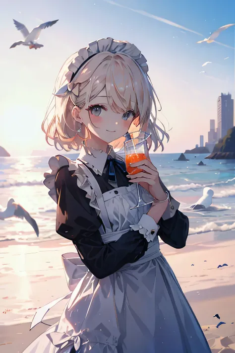 maid with headpiece girl smiling and having a drink, beach background,gentle breeze, seagulls, radiant sun, dolphins