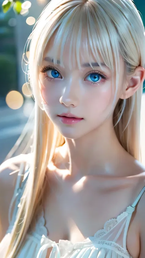 platinum blonde fine hair 、super long beautiful straight hair、 face and eye bangs 、 VERY BEAUTIFUL VERY BRIGHT MINT LIGHT GREEN BIG EYES、 TRANSPARENT WHITE AND WET NIGHTGOWN 、Nordic youth、 perfect body、white muscles 、 Shiny Skin 、Young and beautiful skin、...