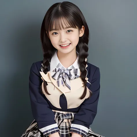 (Highest quality, masterpiece:1.2), Highest quality, High resolution, 1080P, 8k, (A noble, graceful and 13yo Japanese young long hair lady who have a best proportion are seated giggling at me with extreme beatitude, laughing and posing like a fashion model...