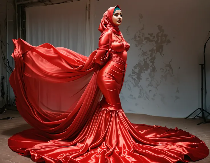 a woman shrouded in a 10-meter-long, plush red semi transparent satin shimmer cloth, slim body with big breast, tightly bound an...