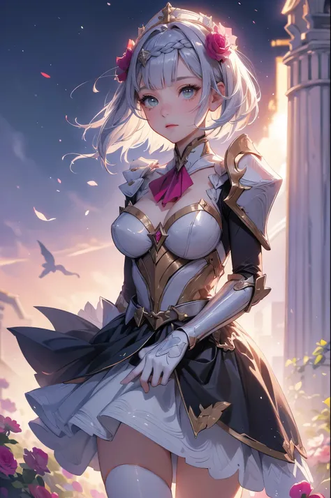 [noelledef]:1.5,((masterpiece,highest quality,Detailed images,Beautiful images))1.4(noelle images、Bob Hair、Equip the Bastard Sword、church、Flower Field、The wind is blowing、Bright lighting overall、Backlight、A fantastic atmosphere、Thick Fog)1.1(Beautiful body...
