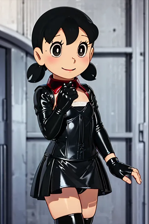 (((Chibi)))、((( short stature )))、(((Child body type)))、  queen 、spouse、 one girl playing pranks、Alone、((( Long gloves covered in black latex all the way to the fingertips:1.4 )))、(((Black latex corset dress:1.4)))、((( The corset dress is decorated with be...