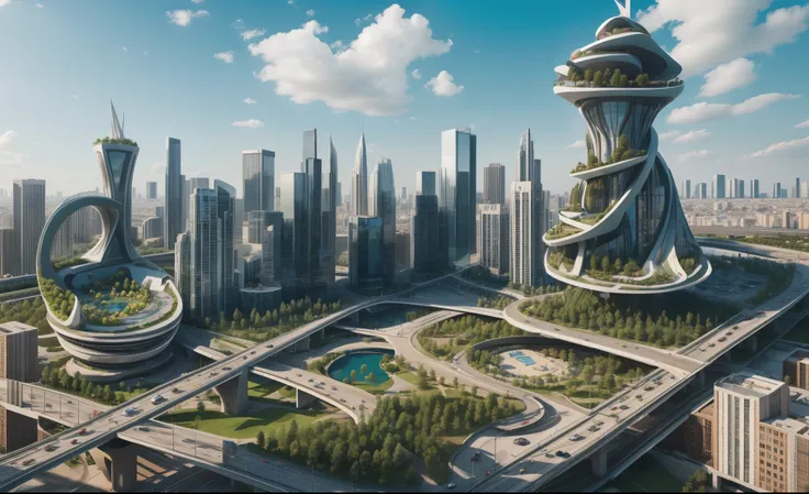 city plan 3d, roads, parks, cars, amazing huge buildings , big towers, small pools, trees, blue sky, people