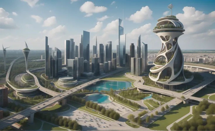 city plan 3d, roads, parks, cars, amazing huge buildings , big towers, small pools, trees, blue sky, people