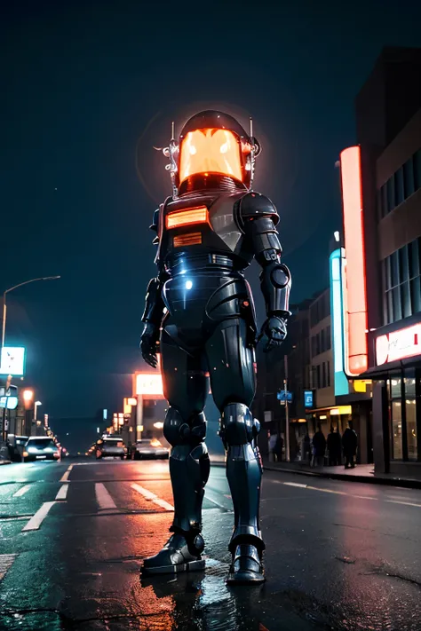 a striking cyberpunk-style photograph features a large, metallic robot centered in the frame on an urban street at dusk or dawn....