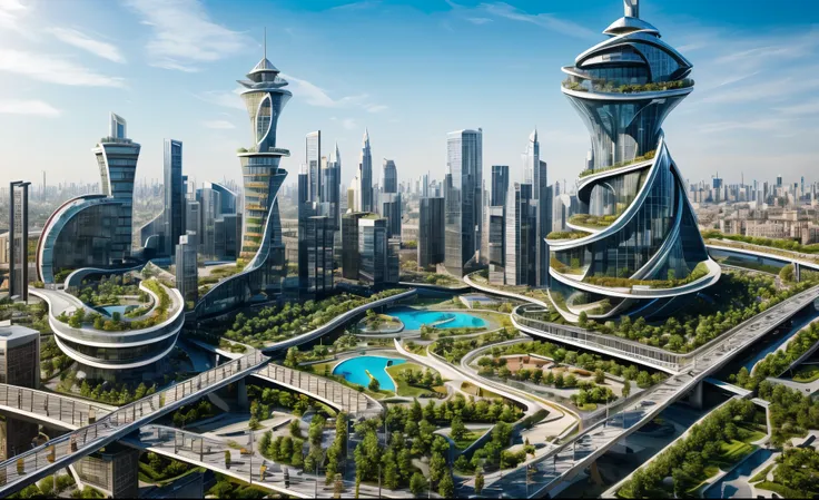 city plan, roads, parks, cars, amazing huge buildings , big towers, small pools, trees, blue sky