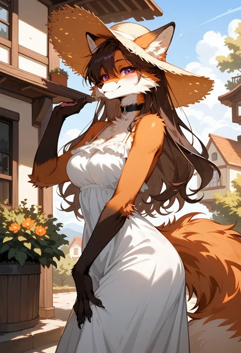 (score_9,score_8_up,score_7_up), (furry), cowboy shot, from side, (furry female fox), mature female, orange fur, (body fur), brunette hair, long hair, (straight hair), purple eyes, seductive smile, blush, paws, claws, medium breasts, (wide hips), thick thi...