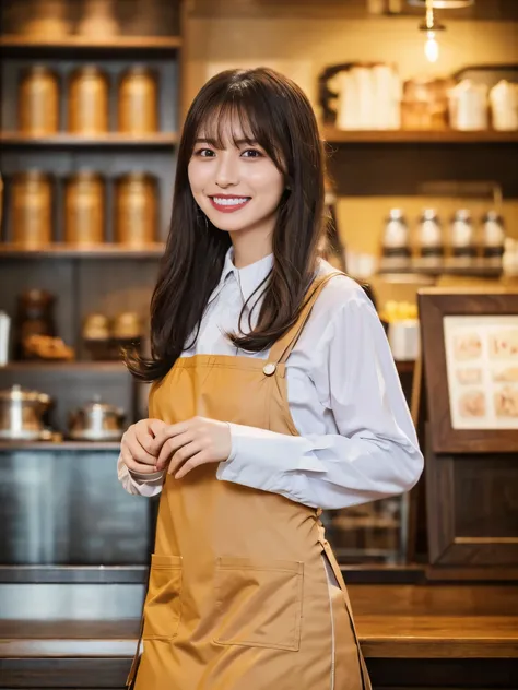 (highest quality、Tabletop、8k、Best image quality、Award-winning works)、Woman working in a café、The perfect brown apron、A classy shirt and apron、Big Breasts、(Accentuate your body lines:1.1)、Beautiful woman portrait、The most elegant and cozy cafe、The most natu...