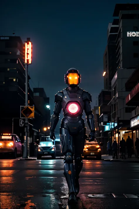 A striking cyberpunk-style photograph features a large, metallic robot centered in the frame on an urban street at dusk or dawn. The robot, reminiscent of retro-futuristic designs, stands tall with its head encased in a dome-like structure glowing with vib...