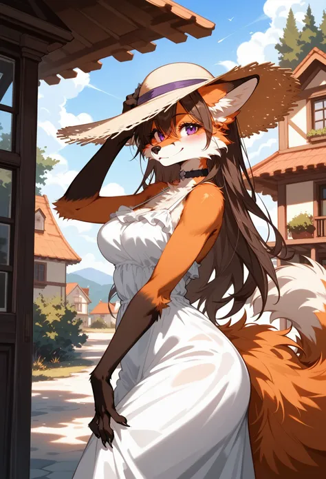 (score_9,score_8_up,score_7_up), (furry), cowboy shot, from side, (furry female fox), mature female, orange fur, (body fur), brunette hair, long hair, (straight hair), purple eyes, seductive smile, blush, paws, claws, medium breasts, (wide hips), thick thi...