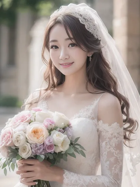 Photo-realistic quality、a woman in a Wedding dress holding a bouquet of flowers、Standing in front of the church、20 year old Japanese model、白のWedding dress,Hanae Mori style wedding dress、Japan idols at 20 years old、lace prom dresses、looking at the camera、De...