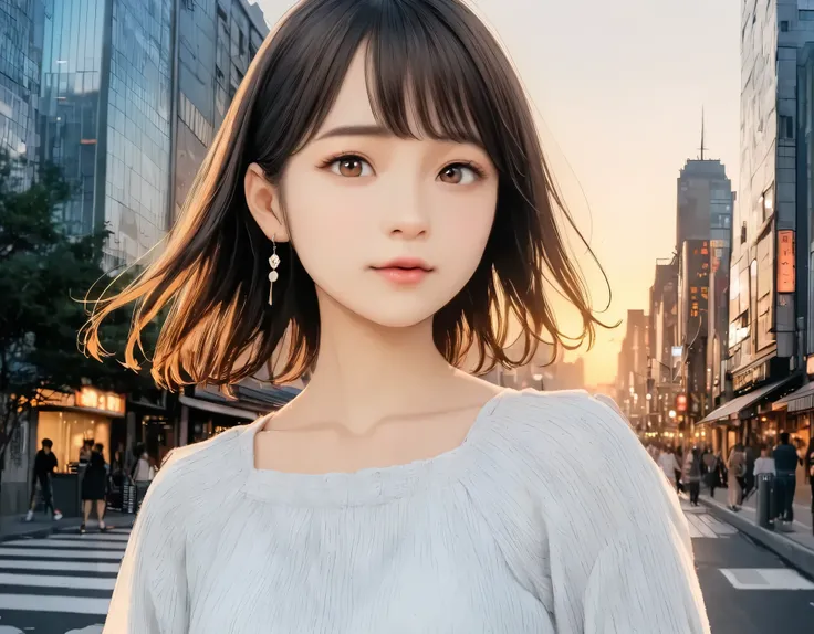 (best quality, 8k, high resolution:1.2), 1girl, city ​​at dusk, upper body