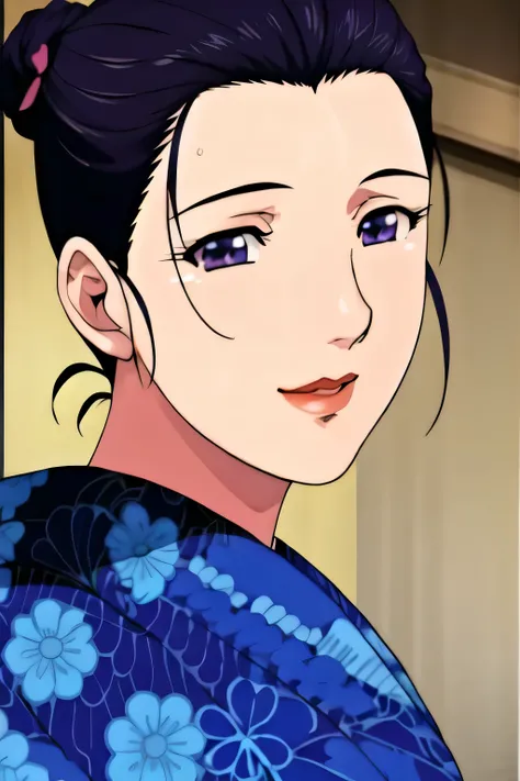 Simple Background,Background,
Navy blue kimono,floral print,japanese clothes,wide sleeves,long sleeves,
cleavage,
purple eyes, black hair,bangs,hair bun,
1 girl, 20yo,Young female,Beautiful long legs,Beautiful body,
Beautiful Nose,Beautiful character desi...