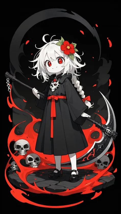 solo,1female(grim reaper,cute,kawaii,age of 10,hair color white,braid hair,messy hair,eye color dark,big eyes,white skin,big smile,enjoy,full body,wearing Grim Reapers black Robe,(black hood),holding scythe,skip,flower hair ornament,white hair,(body transp...