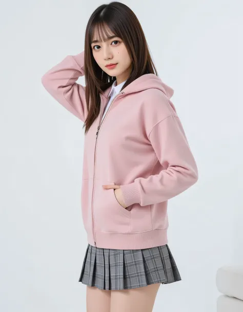 (outerwear is hoodie in soft cotton fabric, long sleeves), (zip-up:1.2), (inner wear is a white collared-shirt), (school uniform, white shirt collar:0.8), gray plaid pattern pleated mini skirt, white loose socks, long socks, black pumps, 1girl, 25years old...