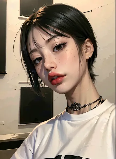 girl with short black hair ,  wearing rock and roll t-shirt, black eyes and big lips, pretty girl,  short hair , punk hairstyle