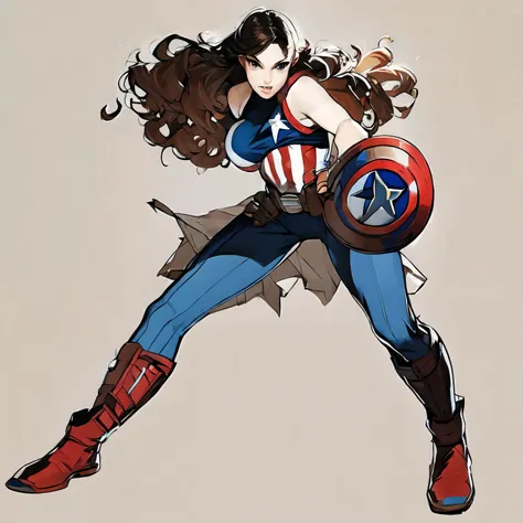 female captain america, full body shot, dynamic pose,curly hair, best quality, no background