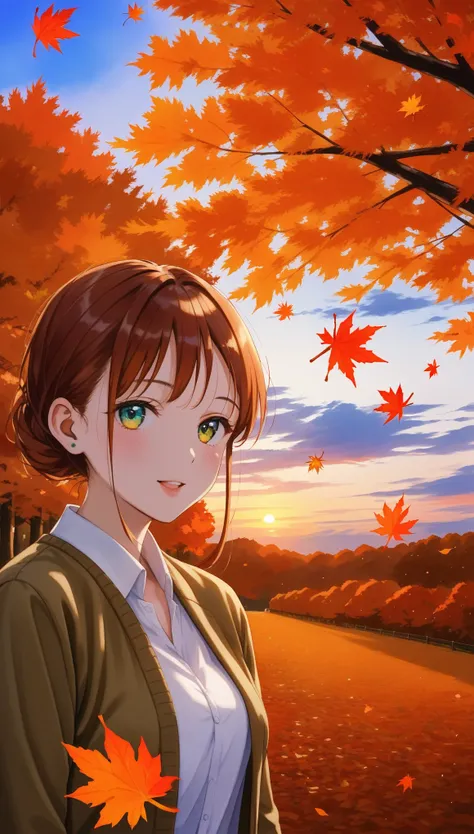 (masterpiece:1.2),(Best Quality),( very detailed ),( Kampala),8k,wallpaper,(1人のwoman:1.5),(Watercolor:1.3),(autumn leaves:1.6),(woman:1.6),(Upper body close-up),枯葉が舞う並木道を歩くwomanの写真,front,Sunset, Beautiful Gradients ,Photo Frames@nekohouse