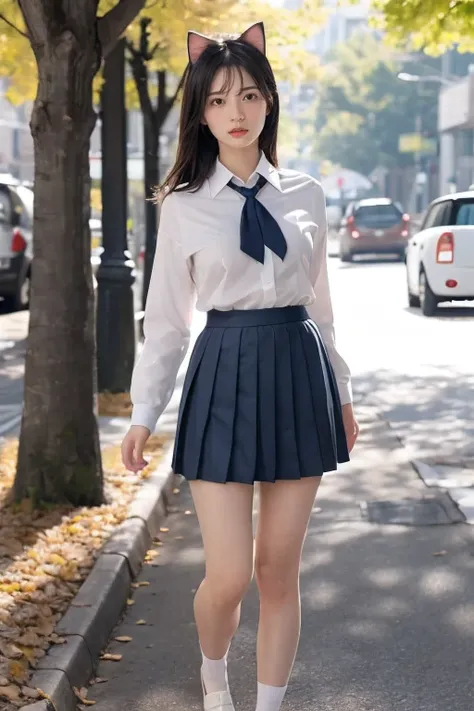 Masterpiece, 4K, bokeh, ((2 girls in:1.5)), (school uniform:1.3), (Plump breast:1.3), (Cat ears:1.3), (From below:1.2), A close-up, full-body view of a high school girl , Seen from a slightly angled front perspective, the focus is on her as she pedals, he...