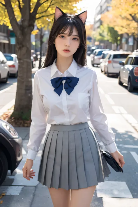 Masterpiece, 4K, bokeh, ((2 girls in:1.5)), (school uniform:1.3), (Plump breast:1.3), (Cat ears:1.3), (From below:1.2), A close-up, full-body view of a high school girl , Seen from a slightly angled front perspective, the focus is on her as she pedals, he...