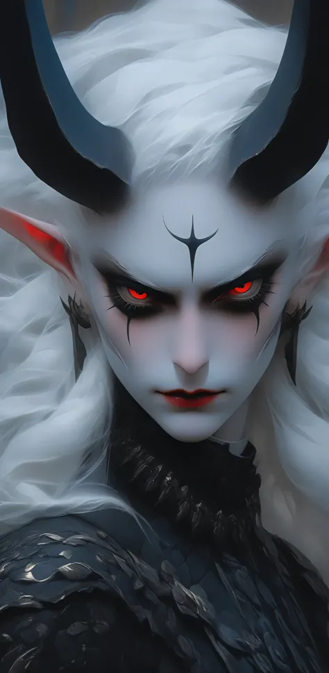 portrait, close up, , Chico skinhea d, Demon boy, very angry, (( total smoky eyes )), (skinhea :1.2 ) , (crimson eyes), (black armor), ( long intricate horns :1.3),  red liquid lips, (best quality,4k,8K,highres,masterpiece:1.2), ultra-detailed ,(Realistic,...