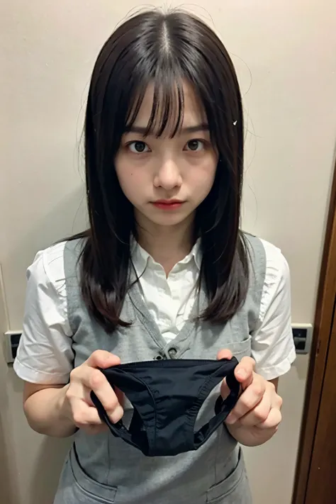 非常に大きく鮮やかな色の panties、 random hairstyles、 focus on the upper body 、 pantiesを前に、 pantiesを見せる、 panties、可愛らしい panties、((Glare、Contempt、Bad mood、Angry face))、School、 white shirt 、Grey vest、Blue ribbon