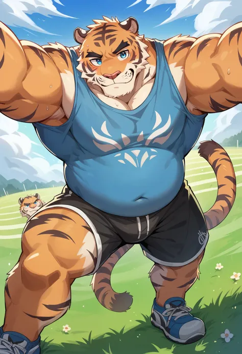 nj5furry,Tiger，，  beast field  ，pummelig, thick arms，strong muscles，Shorts，Plush  ，chubby face，   black eyebrows   ，sky blue eyes，bart，grins，on the lawn，lie down，Look at the sky，(from above:1.1)，  Victory sign  ，（Shirt，Shorts），sunlight，（sweat）, von zixiong...