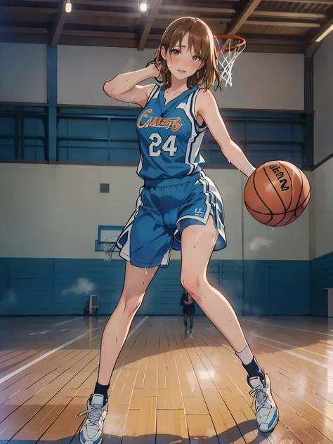 anime - style illustration of a high school girl in a wet basketball high cut uniform, basketball video game character, official...