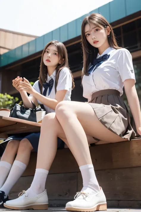 heavy rain, bob hair, looking at viewer, bangs, (Two girls in:1.2), skirt, brown hair, shirt, black hair, short sleeves, brown eyes,  bob hair, Wet white browce, pleated skirt, open legs, shoes, socks, striped, hand up, bag, kneehighs, brown footwear, loaf...