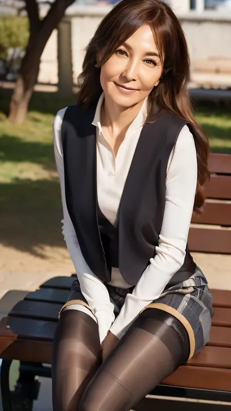 ((Best Quality)), ((8k)), ((masterpiece: 1.3)), (  perfect appearance  ), ( photorealism : 1.6), (K), (JMA), (Genuine:1.4), １ girl、 perfect anatomy、60 years old、 semi-long hair、Checked vest、((Sitting on a bench:1.3))、( Super Real Pantyhose :1.2), ( High He...