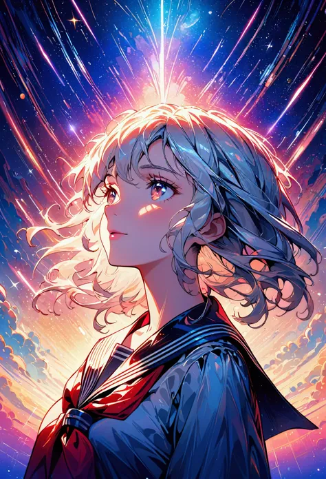 a beautiful detailed portrait of a young girl with long silver hair, looking up at the sky with a serene expression, wearing a s...