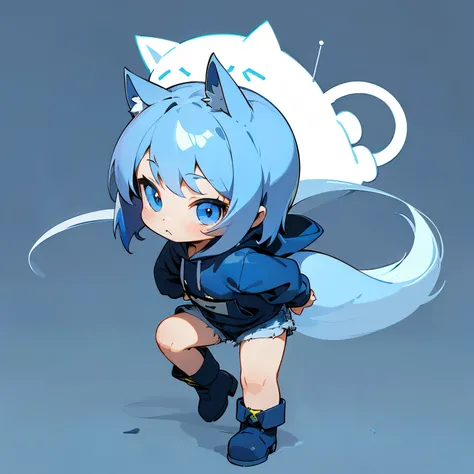 (chibi-style:1.3)、Detailed face、Light blue hair、Light blue cat ears、Navy blue hoodie、 navy blue denim shorts、blackいニーソックス、Navy blue boots、Simple Background、Standing facing forward、details、white、Cang、black、best quality