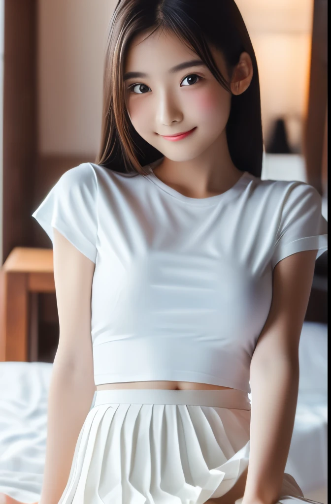 (masterpiece, highest quality:1.2), 8k, ((white plain t-shirt:1.2)), ((full body:1.2)). ((Beautiful legs:1.2)),  ((white pleated mini skirt:1.2)), 85mm,Official AR RAW Photos, Super slim slender beautiful girl, big breasts, ((Cute Face:1.2)), ((detailed fa...