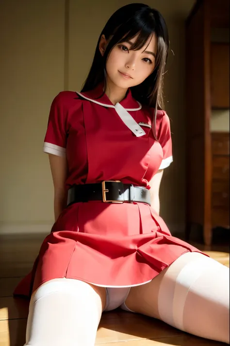 Beautiful Japanese woman, (((arms behind back))), ((red nurses uniform)), smiling, ((masterpiece)), ((top quality)), ((super detailed)), 1girl, glistening skin, slightly open chest. Hips and legs tight skirt, absolute area, enough to make a man cum, enough...