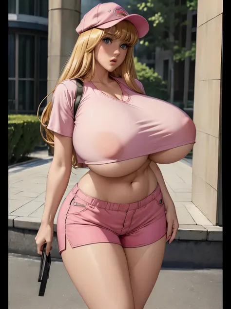 (masterpiece:1.2, Best Quality:1.2, 8k wallpaper, super high resolution), 1 GIRL, Reiko Catherine Akimoto , Kochikame characters, (blonde, bangs, Long Hair), (ultra slim waist, perfect slim model body style), ((pink cap, crop top shirt, midriff, short pant...