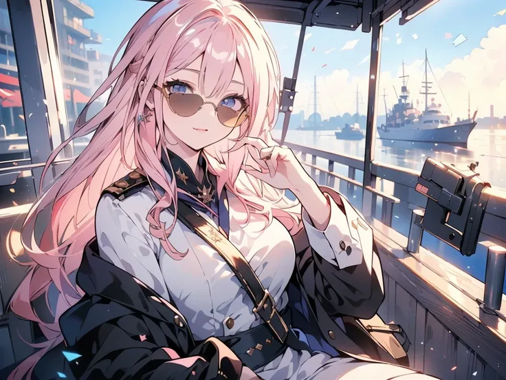 (((Best quality, 8k, Masterpiece: 1.3)), ((best quality)), ((masterpiece)), (detailed), perfect face, perfect body, uniform, soldier, Sunglasses, Beauty, Cool, Major General of the Navy, cowboy shot, pink hair, On the boat, leaning against the gunwale,