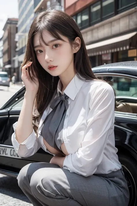 masterpiece, ultra detail, 8k, 1 girl, shiny droopy eyes, droopy eyes, large iris:1.5, big iris:1.5,  Create an image of a stylish woman in a classic dark gray suit squatting on the bonnet of a vintage car parked in an elegant city street. The woman sports...