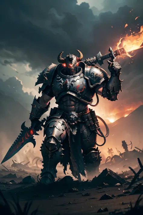 a highly realistic and disruptive depiction of a warhammer 40k chaos space marine. the marine stands amid a chaotic, hellish bat...