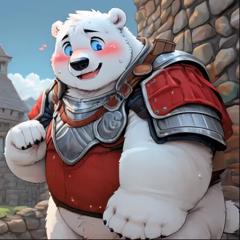  New Jersey 5 Pelzig ，polar bear，，pummelig，Fat，thick arms， strong muscles  ，(White plush fur)， pummelig ，    black eyebrows    ，sky blue eyes，bart，（Knight armor  ，red coat），(Blush:1.1)，Blush，smile，sweat，（ highly tuned  ），Western castle background，stone wal...