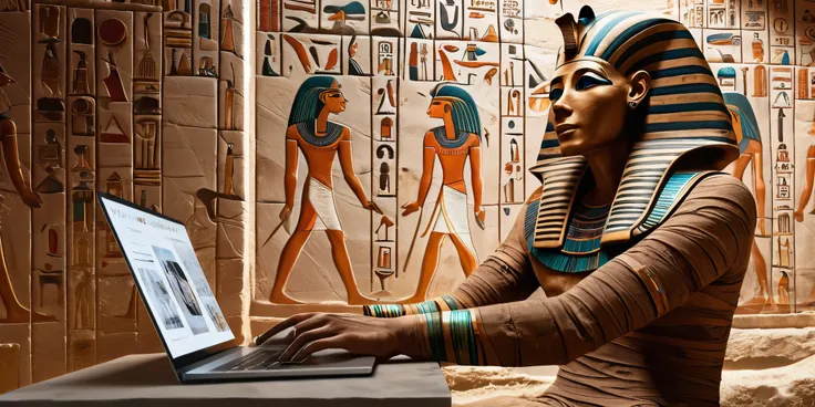 uhd, masterpiece male mummy, ancient egypt style, ancient egypt walls , stone, drawings on wall, working with a (laptop, screen)...